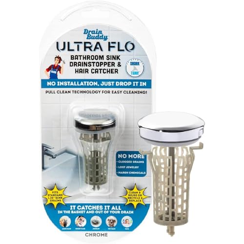 Drain Buddy Ultra Flo- 2 in 1 Bathroom Sink Stopper & Hair Catcher W/Patented Pull Clean Technology! | Fits 1.25” Sink Drains, Clog Preventing | Chrome Plastic Cap - color: Chrome - Plastic Cap