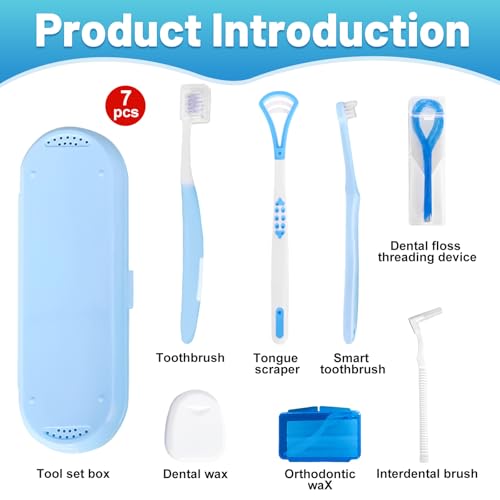 7-in-1 Travel Oral Care Kit with Case – Toothbrush, Tongue Scraper, Wisdom Toothbrush, Dental Floss, Floss Threaders, Interdental Brush, Dental Wax, Portable Hygiene Set for Daily Use Travel (Blue) - color: Blue