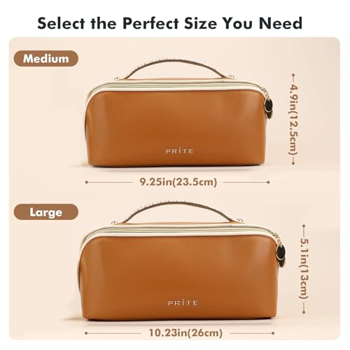 Prite Makeup Bag for Women Travel Waterproof Vegan Leather Cosmetic Bag Open Flat Toiletry Bag With Clear Divider and Handle (New Brown, Large) - color: New Brown, size: Large