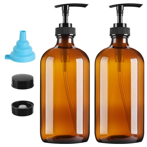 GIVAMEIHF Amber Glass Dispenser Bottles 2-Pack, 16oz Refillable Amber Glass Soap Dispenser with Pump, Brown Glass Containers for Kitchen & Bathroom - Dish Soap,Lotion,Shampoo,Conditioner & Body Wash