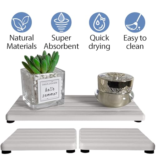 Set of 3 Diatomite Hand Soap Holder, Water Absorbing Stone Tray for Kitchen Countertop, Fast-Drying Bathroom Trays (1pcs 22 x 10cm + 2pcs 10 x 10cm White) - color: 1pcs 22 X 10cm + 2pcs 10 X 10cm White