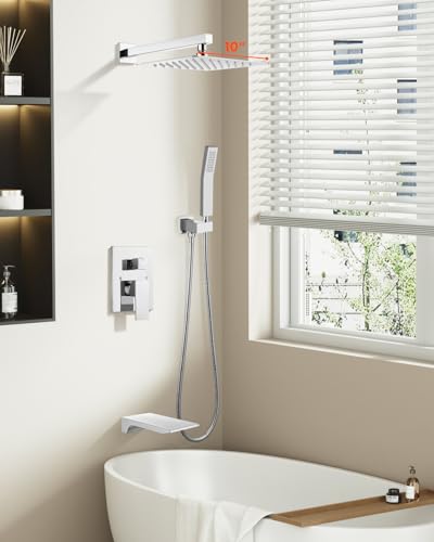 gotonovo Shower System with Tub Spout,Waterfall Tub Shower Faucet Set for Bathroom Head and Handle Set Wall Mounted 3 Function Rough-in Valve and Trim Included 10 inch Shower Head Polished Chrome - color: Polished Chrome, size: 10 inch Shower Head