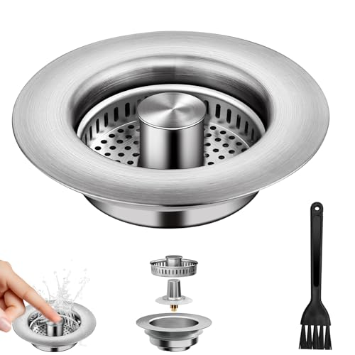 3-in-1 Kitchen Sink Drain Strainer & Sink Stopper - 304 Stainless Steel Pop Up Sink Drain Strainer, Anti-Clogging Kitchen Sink Stopper with Fast Drain Design, Fits Standard 3-1/2'' Sink Drains - color: Sus304 Brushed One Pack
