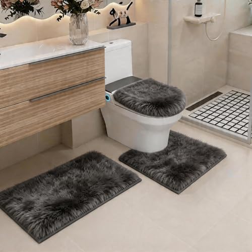 RUN HELIX Shaggy Bathroom Rugs Sets 3Piece Bath Mat for Bathrom Non-Slip Bathrom Mats Water Absorbent Bath Rug Floor Mats Soft Washable Shower Rug with U-Shaped Contour Rug Toilet Lid Cover Grey - color: Grey
