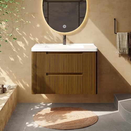 ONBRILL Modern Bathroom Vanity with Sink Combo, Curved Floating Bath Vanity with 2 Drawer, Wall Mount Bathroom Vanities with Integrated Ceramic Sink for Small Space, Apartment (Walnut, 32“) - color: Walnut, size: 32“