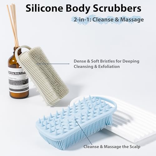 MtBoi 2 PC Silicone Body Scrubber, 2 in 1 Exfoliating Shower Bath Scrubber, Soft Silicone Loofah for Sensitive Skin, Shower Hair Scalp Massager, Easy to Clean, Lather Well (Grey&Blue) - color: Grey&blue