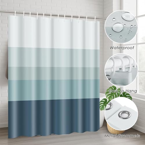 Striped Blue Shower Curtain Set with Toilet Lid Cover and Non-Slip Rugs for Bathroom, Minimalist Neutral Ombre 4 Pcs Shower Curtain, Modern Bathroom Set with 12 Hooks - color: Ombre Blue