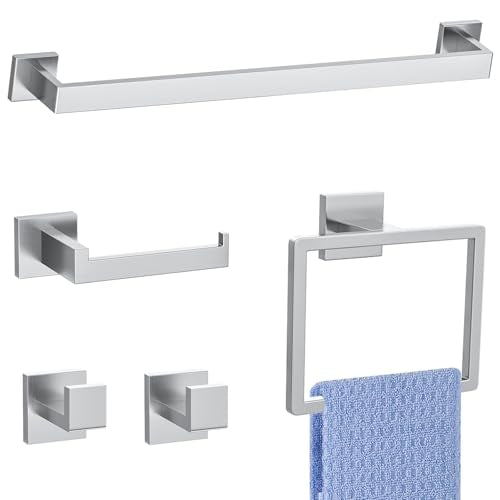 5 Pieces Brushed Nickel Towel Bar Set Bathroom Hardware Accessories Set Include 23.6 Inch Towel Bar Toilet Paper Holder Towel Ring Coat Hooks SUS304 Stainless Steel Wall Mounted Towel Holder Set - color: 5 Pcs Brushed Nickel