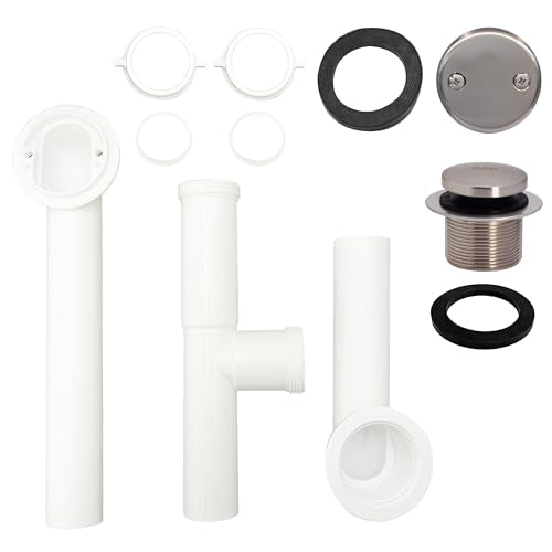 Westbrass A593244-07 14" x 1-1/2" White Tubular Bathtub Waste & Overflow Assembly with Tip-Toe Drain Plug and 2-Hole Faceplate, Satin Nickel - color: Satin Nickel, size: 1 Pack