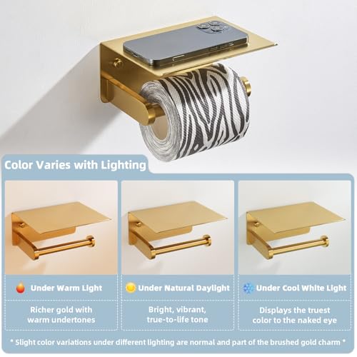 APLusee Brushed Gold Toilet Paper Holder with Shelf, 304 Stainless Steel Wall Mounted Compact Bathroom Tissue Hanger - color: Brushed Gold, size: Single Rod