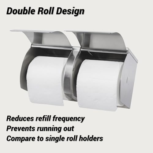 Double Roll Toilet Paper Holder Commercial Toilet Paper Dispenser | Brushed Stainless Steel, Side-By-Side 2-Roll Holder with Shelf Wall Mount, Fits Standard Toilet Rolls Up to 4.72 in Diameter