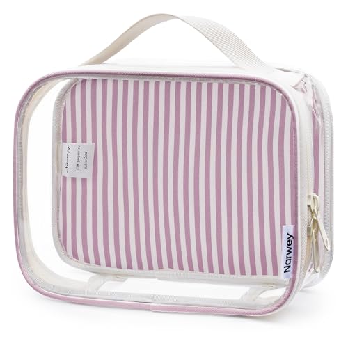 Narwey TSA Approved Clear Toiletry Bag for Travel, Waterproof PVC Clear Makeup Bags, Portable Compact Cosmetic Bag Make Up Organizer, Airport Airline Quart Size Compliant Bag (Dusty Pink Stripe) - color: Y-Dusty Pink Stripe
