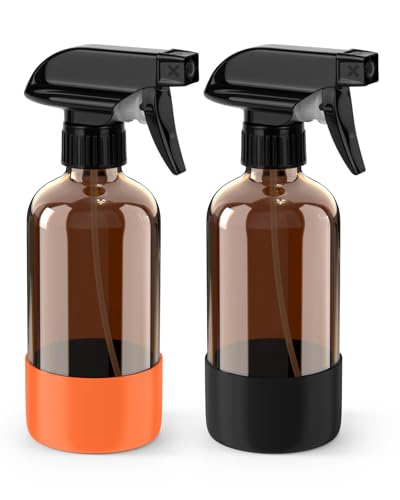 Bontip Glass Spray Bottle with Silicone Sleeve Protection, Amber Glass Spray Bottle Set for Window Cleaner Aromatherapy Facial Hydration Watering Flowers Hair Care 2 Pack/8 oz (Black & Orange) - color: Black & Orange, size: 8 Ounces