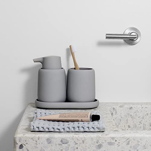 blomus SONO Modern Bathroom Accessory Set - Ceramic Soft Touch Soap Dispenser, Tumbler & Tray Organizer - Satellite (Taupe)