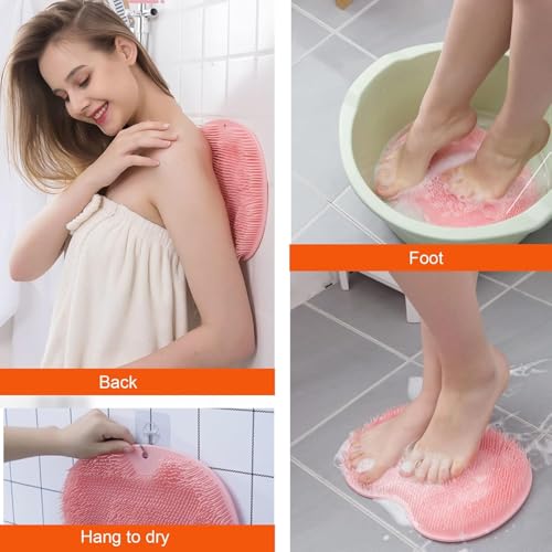 Shower Back & Foot Scrubber,Wall Mounted Back Scrubber Silicone Bath Massage Cushion Brush with Suction Cups,Bathroom Wash Foot Mat Exfoliating Dead Skin Foot Brush (L-Pink 1pcs) - size: L-Pink 1pcs