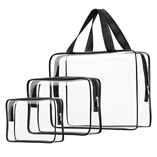 3pcs Clear Cosmetic Bags, TSA Approved Toiletry Bag Set Crystal Clear Travel Beach Essentials Bag Organization PVC, Clear Makeup Bags Luggage Pouch Carry on Airport Airline Compliant Bag Women Men - color: 3pcs Black-1 large, 1 medium, 1 small