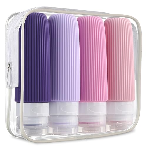 Mrsdry Travel Bottles for Toiletries, Tsa Approved 3oz Portable Travel Bottles, BPA Free Leak Proof Squeezable Silicone Travel Size Containers, Travel Accessories with Clear Toiletry Bag (4 Pack) - color: Purple, size: 3 Ounces