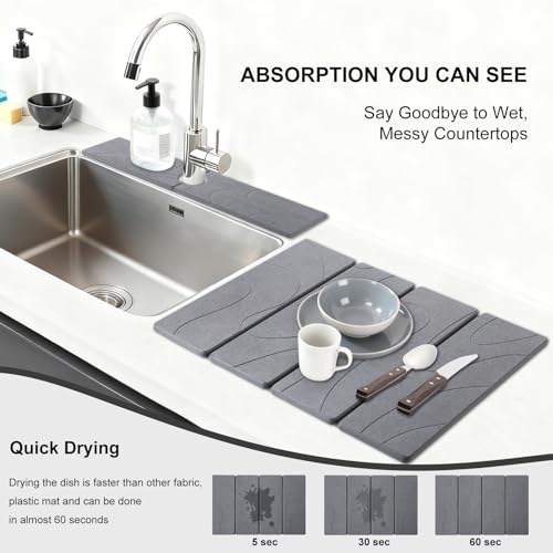 3 PCS Large Stone Dish Drying Mat for Kitchen Counter, Quick Dry Stone Dishes Mats, Sink Faucet Mat, Minimalist Water Absorbing Diatomaceous Earth Drying Pad for Countertop Tableware, Bottles - color: Grey Carving Lines