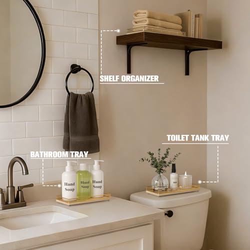 Bathroom Vanity Tray for Countertop, 12" x 6" Oak Wood Toilet Tank Tray | Metal Guardrail, Bathroom Organizer for Soap, Perfume & Skincare, Non-Slip Decorative Tray for Dresser, Gold & Natural Oak - color: Natural, size: 12" x 6" x 1.5"