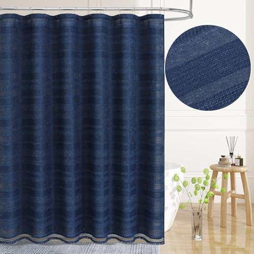 Small Stall Boho Farmhouse Shower Curtain with Tassel, Linen Bohemian French Country Chic Bathroom Shower Curtain Set, Modern Striped Textured Shower Curtain 36x72 - Navy Blue - color: Navy, size: 36"W x 72"L (Pack of 1)