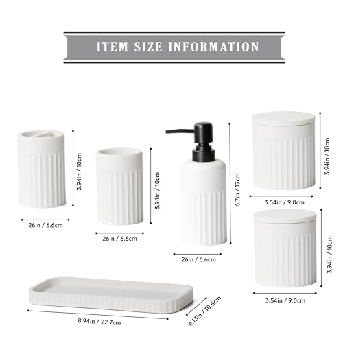 INIUNIK Bathroom Accessory Set - 6 Pieces Bathroom Accessories Set Complete with Soap Dispenser, Toothbrush Holders, Tumbler, Vanity Tray and 2 Qtip Holder for Home Organizer and Decor, White - color: White Sandy Stone