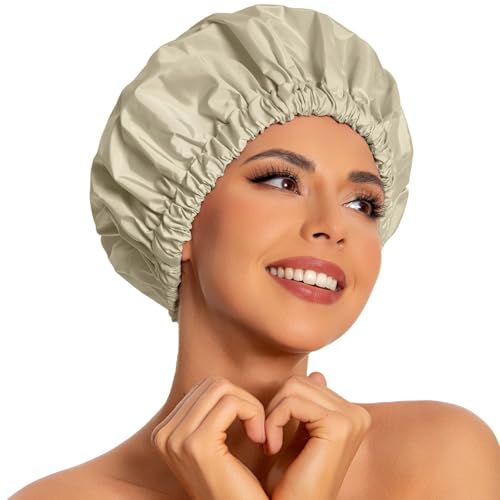 Edoneery Reusable Shower Caps for Women, Waterproof Long Hair Bonnet | Washable Design, Wide Elastic Band, Large Fit, Holds Long Hair, Braids Friendly, Bath Accessories, Spa, Travel - color: Gray Yellow