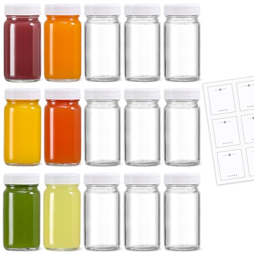 LANDNEOO 15 Pack 2 oz Glass Shot Bottles w/White Lids & 15 Labels - Small Clear Jar for Ginger, Wellness Shot, Juice, Sample, Whiskey - Travel Mini Bottles - Wide Mouth, Leakproof, Dishwasher Safe - color: White Lids, size: 2oz-15 pack