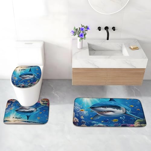 4Pcs Shower Curtain Set, Shark Blue Ocean Themed Bathroom Shower Curtain with Rugs and Accessories,with Non-Slip Rugs, Toilet Lid Cover and Bath Mat for Bathroom Decor Set - color: Shark