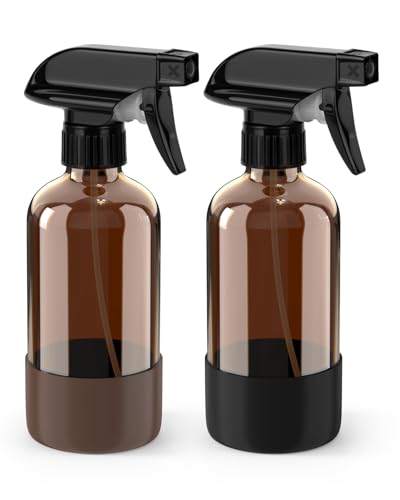 Bontip Glass Spray Bottle with Silicone Sleeve Protection, Amber Glass Spray Bottle Set for Window Cleaner Aromatherapy Facial Hydration Watering Flowers Hair Care 2 Pack/8 oz (Black & Brown) - color: Black & Brown, size: 8 Ounces