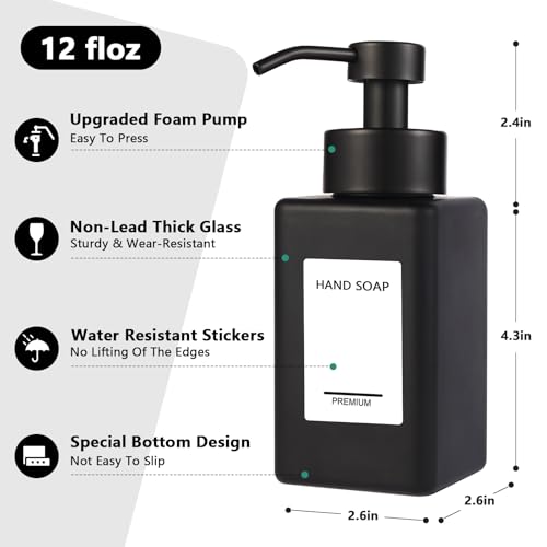 Black Foaming Hand Soap Dispenser 2 Pack,12oz/350ml Glass Foaming Soap Dispenser Set with Stainless Steel Pump, Square Refillable Foam Pump Bottles for Bathroom&Kitchen,Includes 6 Labels - color: Black