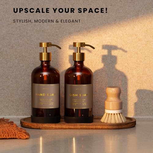 Hand and Dish Soap Dispenser for Kitchen and Bathroom, Set of 2 16 Oz Glass Bottles, Stainless Steel Pumps, Non-Slip Silicone Base, 27 Waterproof Labels (Amber Bottle/Brushed Gold Pump) - color: Amber Bottle / Brushed Gold Pump