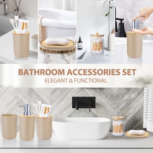 iMucci Bathroom Accessories Set 5Piece Beige Bathroom Sets, Toothbrush Holder, Toothbrush Cup, Lotion Soap Dispenser, Soap Dish and Qtip Holder Bathroom Decor - style: Beige