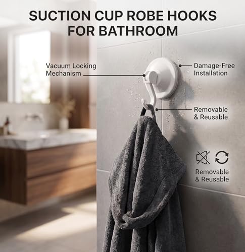 Heavy Duty Suction Cups with Hooks, Waterproof Shower Towel Holder | for Bathroom Wall Tile, Removable No-Drill Vacuum Suction Cup with Hook for Glass Door & Loofah, 4 Pack, White