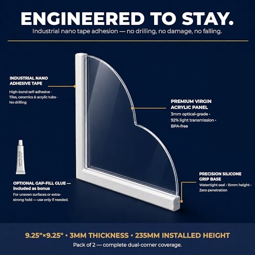 Shower Corner Splash Guard, 9.25" x 9.25" Clear Acrylic Tub and Shower Corner Water Barrier with Silicone Base, No-Drill Removable Design — Pack of 2
