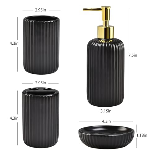 Black Bathroom Accessories Set, 4PC Ceramic Bathroom Sets Complete-Toothbrush Holders, Soap Dispenser, Soap Dish, Toothbrush Cup, Stylish Black Gold Bathroom Decor, Bathroom Organizer for Countertop - size: GBlack-4pcs