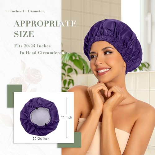 Edoneery Reusable Shower Caps for Women, Waterproof Long Hair Bonnet | Washable Design, Wide Elastic Band, Large Fit, Holds Long Hair, Braids Friendly, Bath Accessories, Spa, Travel - color: Dark Purple