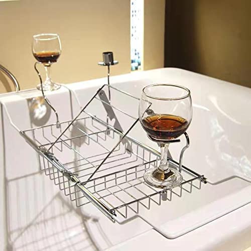 BDL Bathtub Caddy Tray Expandable Bath Tub Table with Wine Holder, Free Soap Dish and Laptop Reading Rack, Bathtub Tray for Home (Silver) - color: Silver