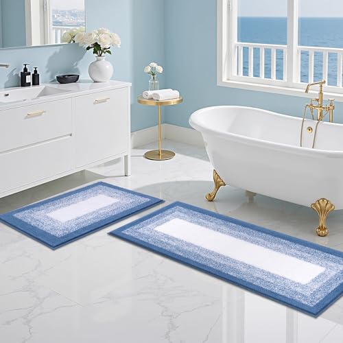 Bsmathom Bathroom Rugs Set, 2 Piece, Soft Plus Absorbent, Non Slip, Machine Washable, Blue (18"x26" Plus 18"x48") - color: Blue, size: 18"x26"+18"x48"