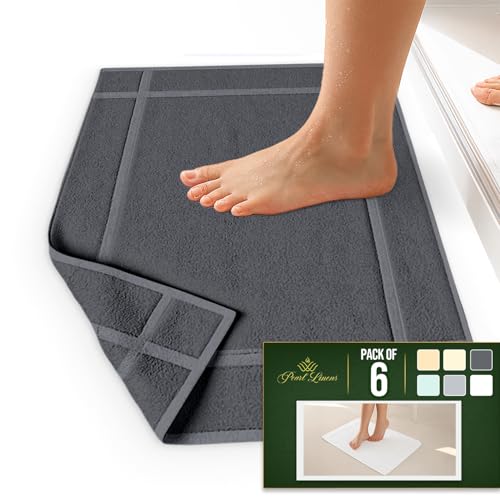 Pearl Linens 100% Ring Spun Cotton Bath Mat (Pack of 6) 18 x 25 Inch, Washable, Soft & Absorbent Terry Bathroom Floor Mat – Not Bathroom Rugs – Quick-Dry After Shower Bath Mat, 781 GSM, Grey - color: Dark Grey, size: 18x25 - Set of 6