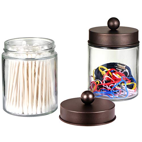 Amolliar 4 Pc Glass Apothecary Jars - Countertop Qtip Dispenser Holder with Stainless Steel Lids&Cute Stickers -Bathroom Vanity Storage Organizer Set for Qtips,Cotton Swabs/Rounds (Bronze) - color: Bronze