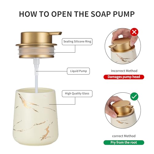 Enra Ceramic Gold Soap Dispenser, 12 oz Modern Liquid Hand Soap Dispenser for Bathroom Kitchen with Easy-to-Press(Gold Liquid Type-Beige) - color: Gold Liquid Type-beige