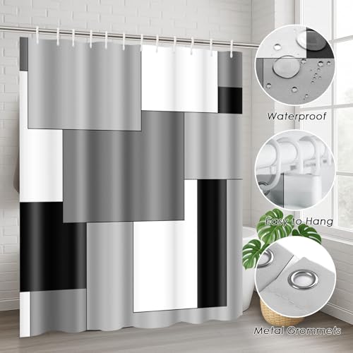Grey Geometric Shower Curtain Set with Toilet Lid Cover and Non-Slip Rugs for Bathroom, Black White Checkered 4 Pcs Shower Curtain, Modern Abstract Bathroom Set with 12 Hooks - color: Abstract Geometric Grey