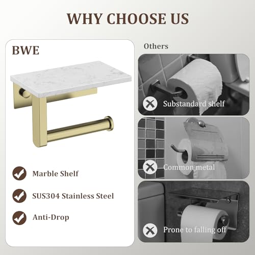 BWE Brushed Gold Toilet Paper Holder with Marble Shelf, Toilet Paper Roll Holder Wall Mounted, Toilet Paper Roll Holder with Phone Shelf 304 Stainless Steel Tissue Holder for Bathroom Washroom - color: Brushed Gold
