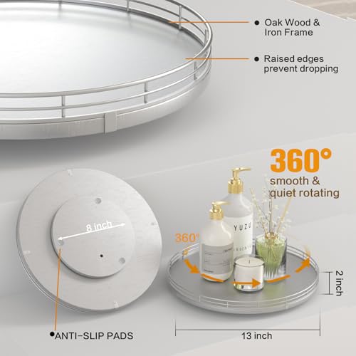 13" Silver Lazy Susan for Table Top, Oak Wood Lazy Susan Turntable Organizer for Dining Coffee Table Centerpiece Bar Decor Kitchen Countertop Bathroom Vanity Decorative Tray for Perfume Jewelry Round - color: Silver, size: 13