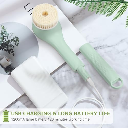 Electric Body Bath Brush, Rechargeable Back Scrubber for Shower, Long Handle Exfoliating Bath Brush for Shower, Lotion Applicator for Back, Silicone Body Scrubber with 6 Shower Brush Heads