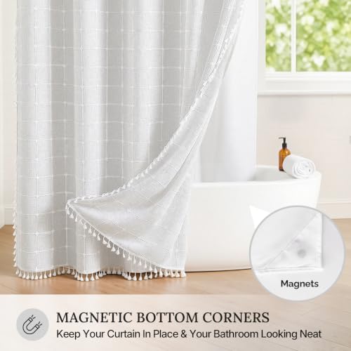 River Dream White Farmhouse Shower Curtain with Snap-in Liner, No Hooks Needed,with Magnets,with Tassels,Water Repellent&Machine Washable,36x74Inch - color: White, size: 36"W x 74"L (Pack of 1)