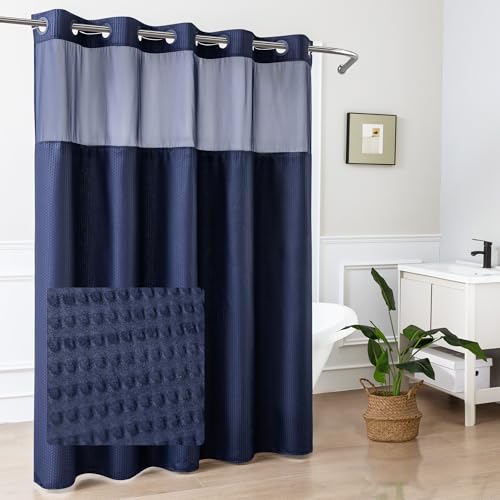 Mrs Awesome No Hook Shower Curtain with Snap-in Liner, Embossed Waffle Design Fabric Shower Curtain for Bathroom, Soft & Lightweight, 71x74, Navy Blue - color: Navy Blue, size: 71"W x 74"L (Pack of 1)