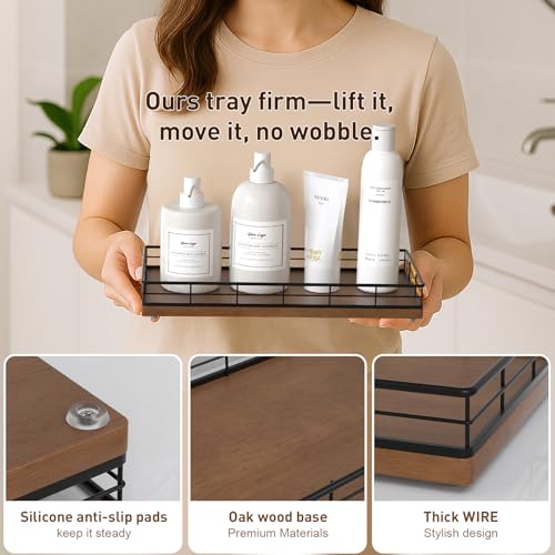 Toilet Paper Basket Organizer, Oak Wood Toilet Tank Tray with Metal Frame | Bathroom Counter Top Storage for Toilet Paper, Wipes & Decor, Modern Narrow Back of Tank Shelf Organizer, Black & Brown - color: Black & Brown, size: 13" x 6.5" x 2"