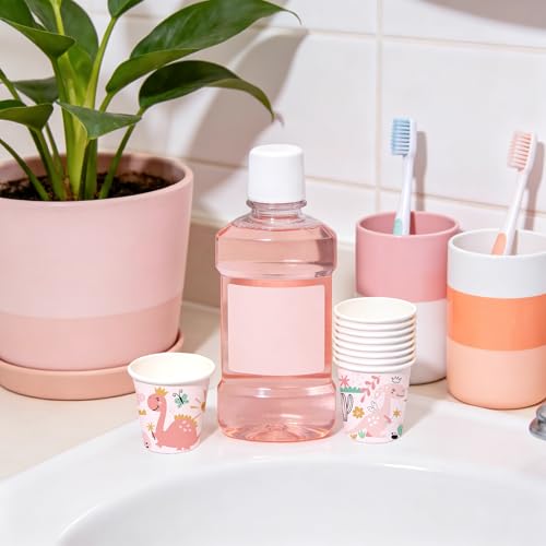 WRAPAHOLIC 3oz Dinosaur Birthday Paper Cups - 100 Pack Disposable Bathroom Cups with Baby Dinosaur 4 Design, Small Mouthwash Cup for Toothbrush Rinse, Home Bathroom and Baby Girl Shower - color: Pink Dinosaur 4 Design