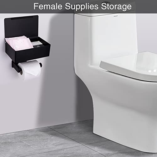 Adhesive Toilet Paper Holder with Shelf and Storage, Wall Mount Toilet Paper Roll Holder & Flushable Wipes Dispenser Set Fits Any Bathroom, Stainless Steel Tissue Holder-Round, Black - color: Matte Black Ground